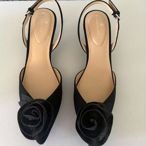 Bandolino Marette slingback sandal pointed toe, kitten heel, and rose detailing